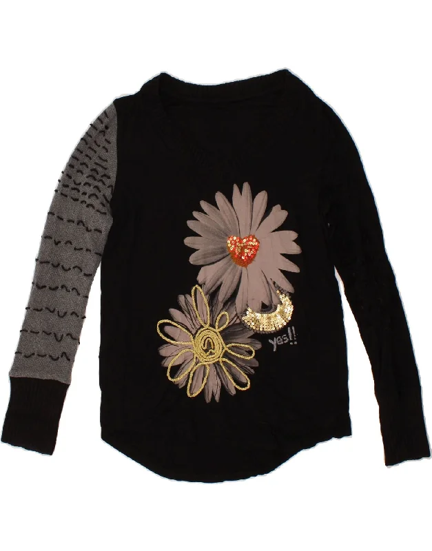 Price Drop DESIGUAL Womens V-Neck Jumper Sweater UK 16 Large Black Floral