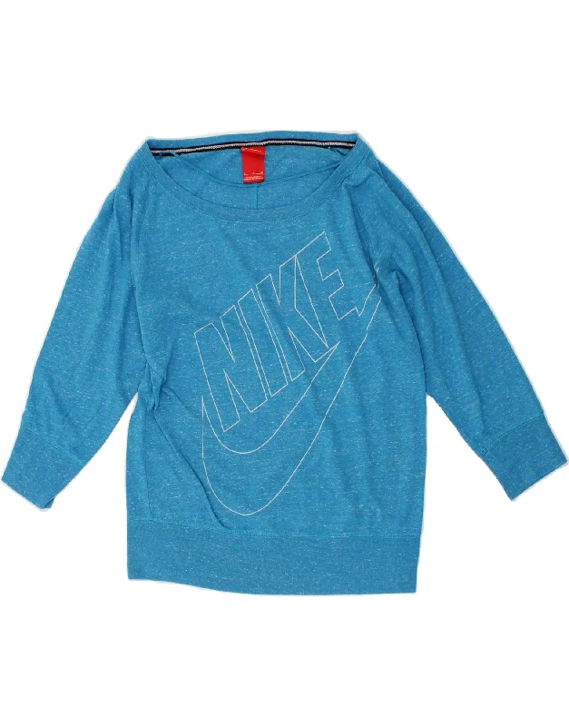 Don't Wait NIKE Womens Graphic 3/4 Sleeve Sweatshirt Jumper UK 10 Small Blue Flecked Don't Wait NIKE Womens Graphic 3/4 Sleeve Sweatshirt Jumper UK 10 Small Blue Flecked