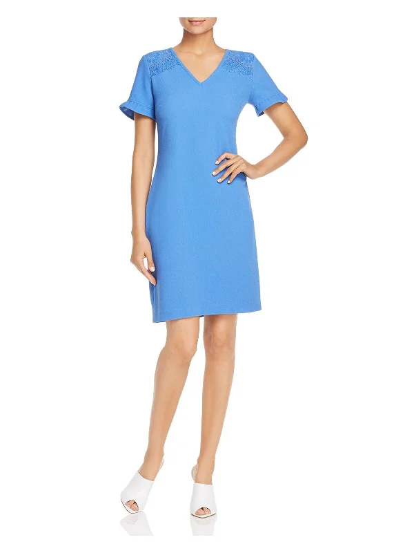 Price Meltdown KARL LAGERFELD Womens Blue Ruffled Zippered Lace Shoulder Short Sleeve V Neck Above The Knee Wear To Work Shift Dress Price Meltdown KARL LAGERFELD Womens Blue Ruffled Zippered Lace Shoulder Short Sleeve V Neck Above The Knee Wear To Work Shift Dress