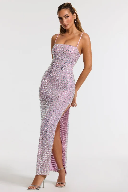 Factory Direct Sale Embellished Square Neck Evening Gown in Lilac