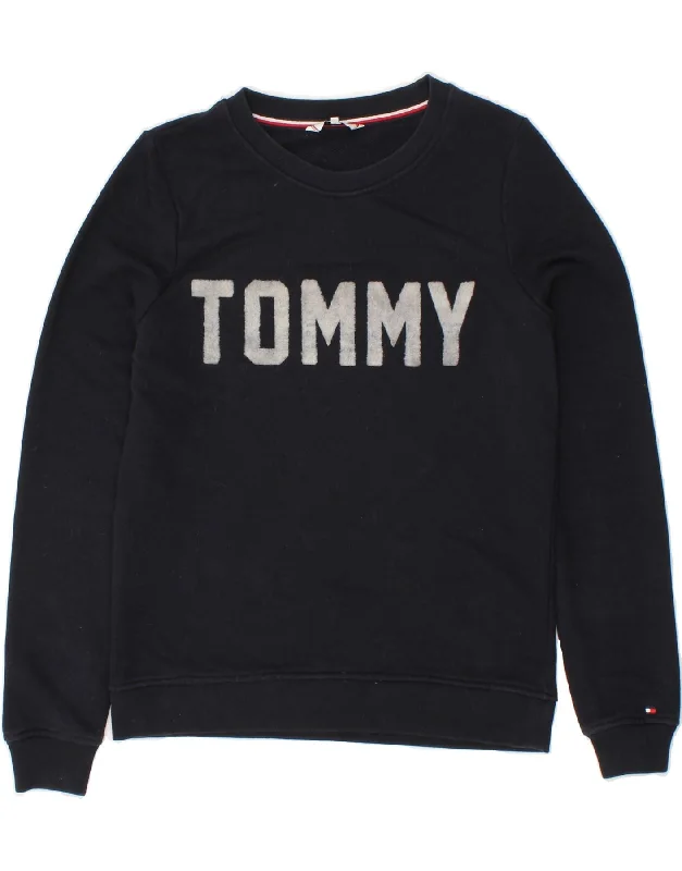 Act Now TOMMY HILFIGER Womens Graphic Sweatshirt Jumper UK 10 Small Navy Blue