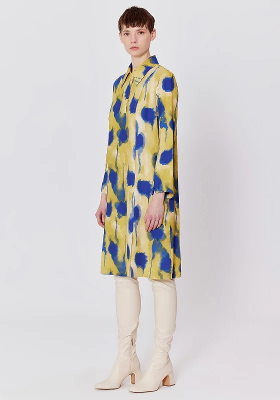 While Supplies Last Birelin Ink Dye Knee Length Shirt Dress, Yellow & Blue