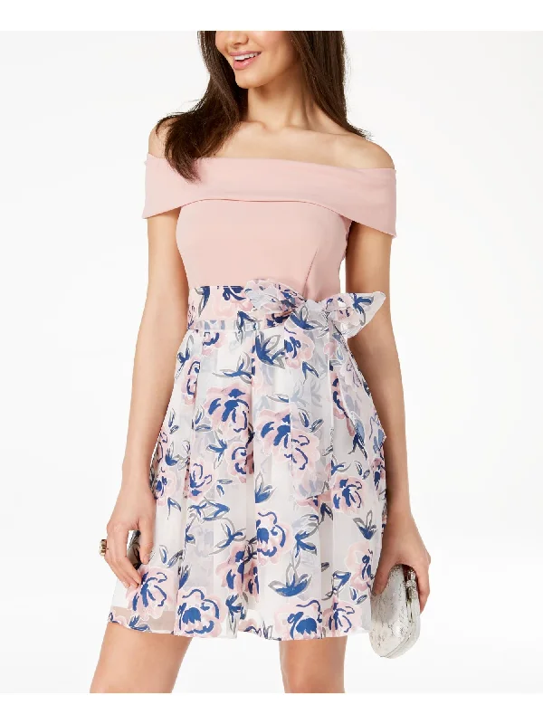 Value Deals B DARLIN Womens Pink Belted Pleated Floral Off Shoulder Mini Party Fit + Flare Dress Value Deals B DARLIN Womens Pink Belted Pleated Floral Off Shoulder Mini Party Fit + Flare Dress