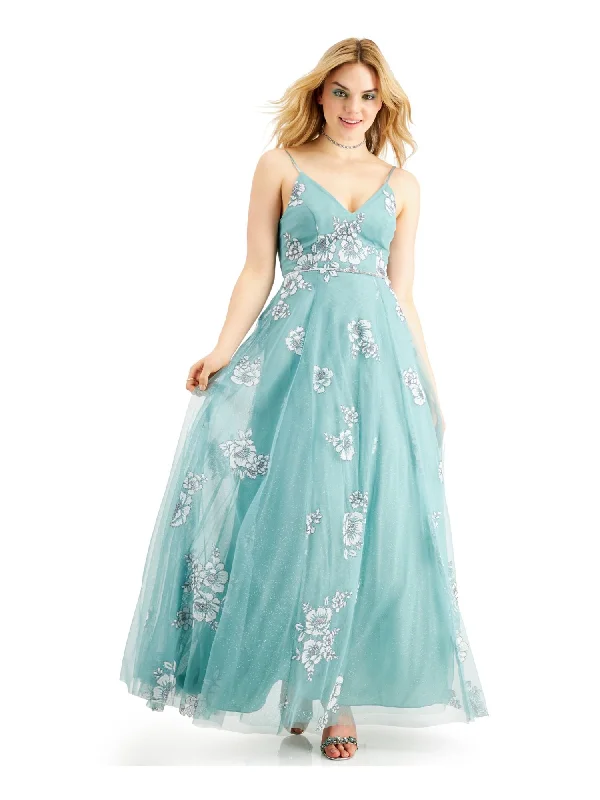 Super Deal TEEZE ME Womens Aqua Glitter Zippered Rhinestone Mesh Adjustable Strap Floral Spaghetti Strap V Neck Full-Length Prom Fit + Flare Dress Super Deal TEEZE ME Womens Aqua Glitter Zippered Rhinestone Mesh Adjustable Strap Floral Spaghetti Strap V Neck Full-Length Prom Fit + Flare Dress
