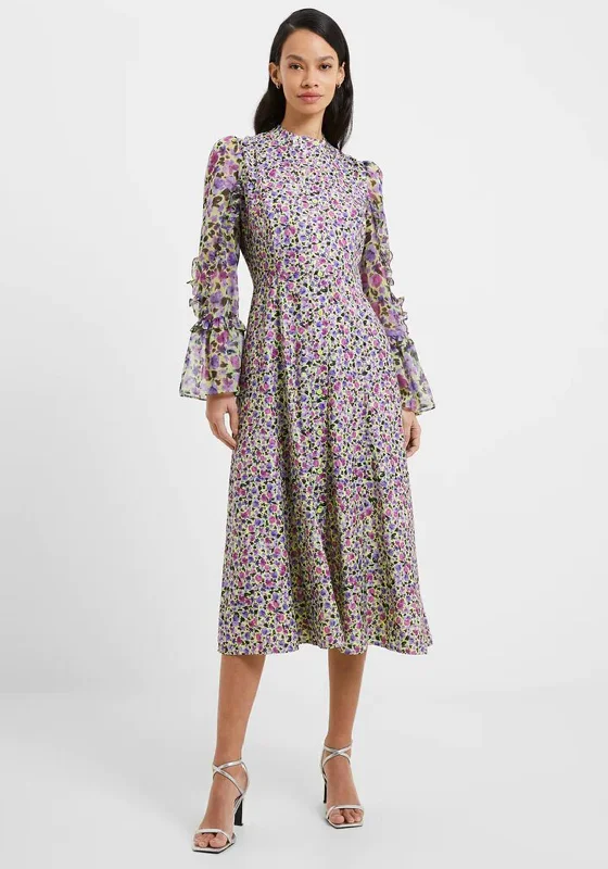Deal Alert French Connection Alezzia Sheer Sleeve Floral Midi Dress, Sharp Green