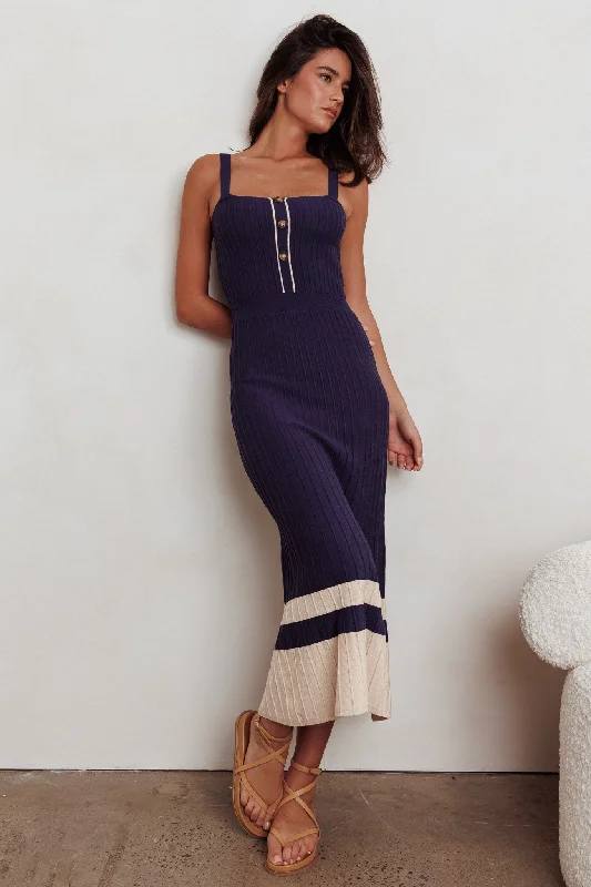 Final Clearance Cayla Contrast Ribbed Knit Maxi Dress Navy