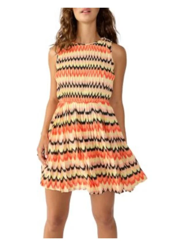 Early Access SANCTUARY Womens Orange Lined Pleated Keyhole Tie Back Striped Sleeveless Round Neck Short Fit + Flare Dress Early Access SANCTUARY Womens Orange Lined Pleated Keyhole Tie Back Striped Sleeveless Round Neck Short Fit + Flare Dress