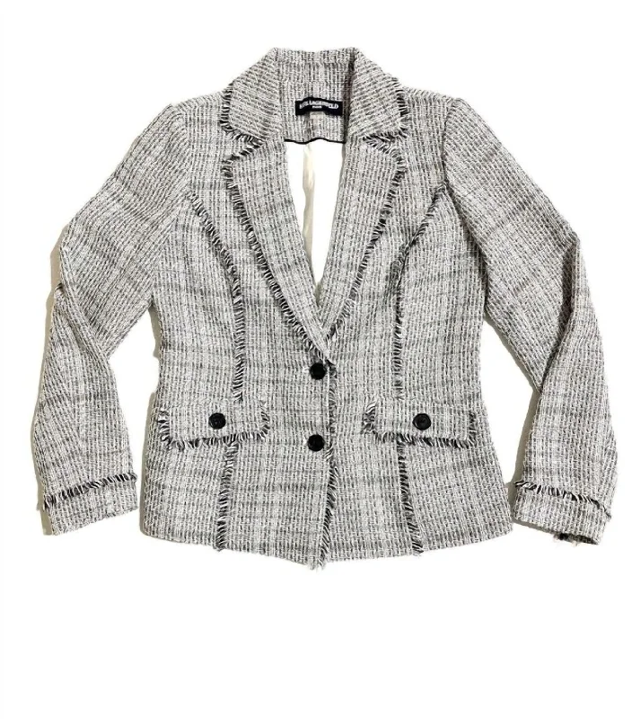 Limited Time Discount Women's Bell Button Tweed Fringe Blazer In White, Black