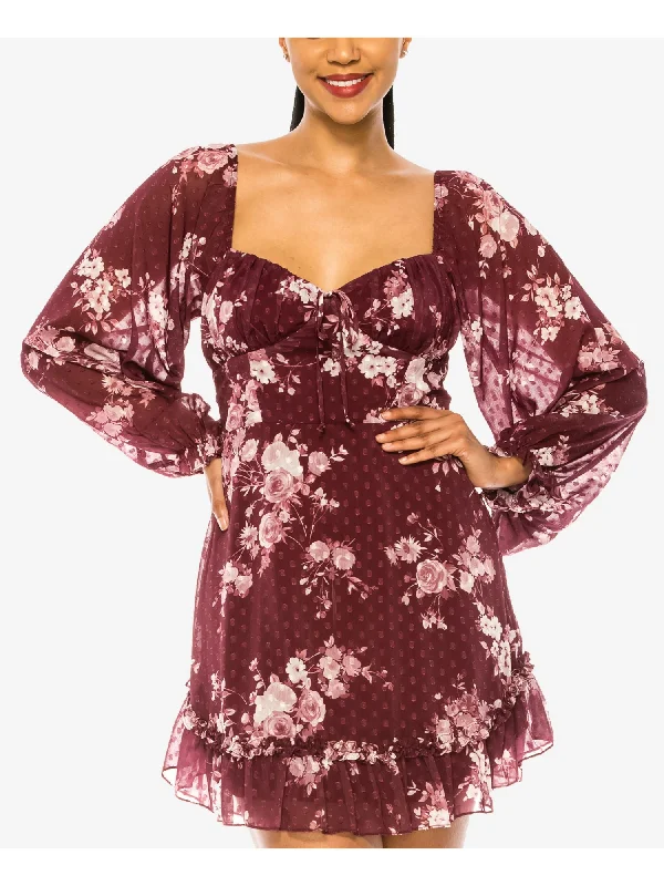 Deal Dash B DARLIN Womens Zippered Floral Long Sleeve Sweetheart Neckline Short Party Fit + Flare Dress