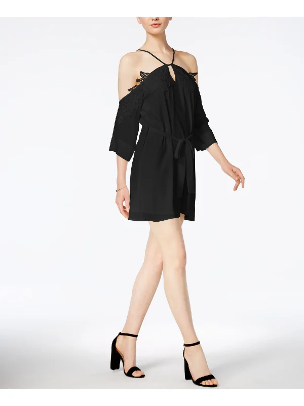Big Discounts BAR III Womens Black Belted Lace Trim 3/4 Sleeve Keyhole Above The Knee Cocktail Dress Big Discounts BAR III Womens Black Belted Lace Trim 3/4 Sleeve Keyhole Above The Knee Cocktail Dress