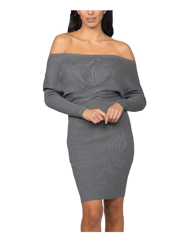 Markdown Madness JUMP Womens Gray Stretch Ribbed Twist-front Heather Dolman Sleeve Off Shoulder Above The Knee Evening Sweater Dress Markdown Madness JUMP Womens Gray Stretch Ribbed Twist-front Heather Dolman Sleeve Off Shoulder Above The Knee Evening Sweater Dress