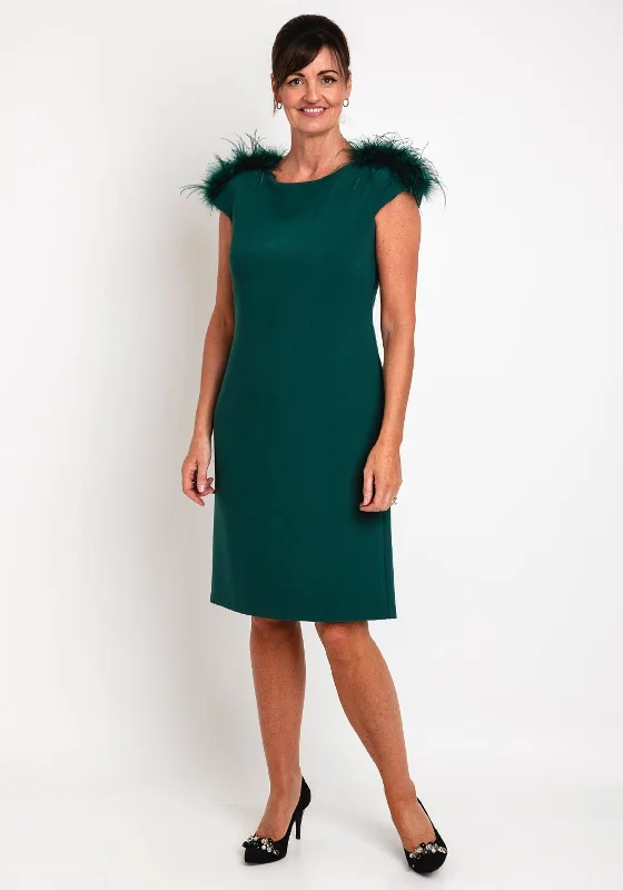 Bonus Savings Camelot Feather Trim Shoulder Knee Length Dress, Emerald Green