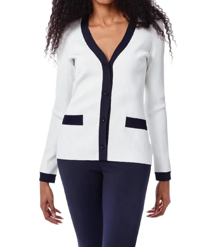 Today's Special Hilda Sweater Blazer In White With Navy Trim