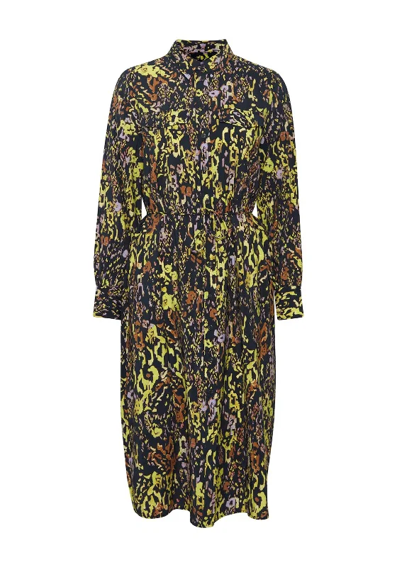 Price Drop Ichi Belted Waist Floral Midi Shirt Dress, Total Eclipse