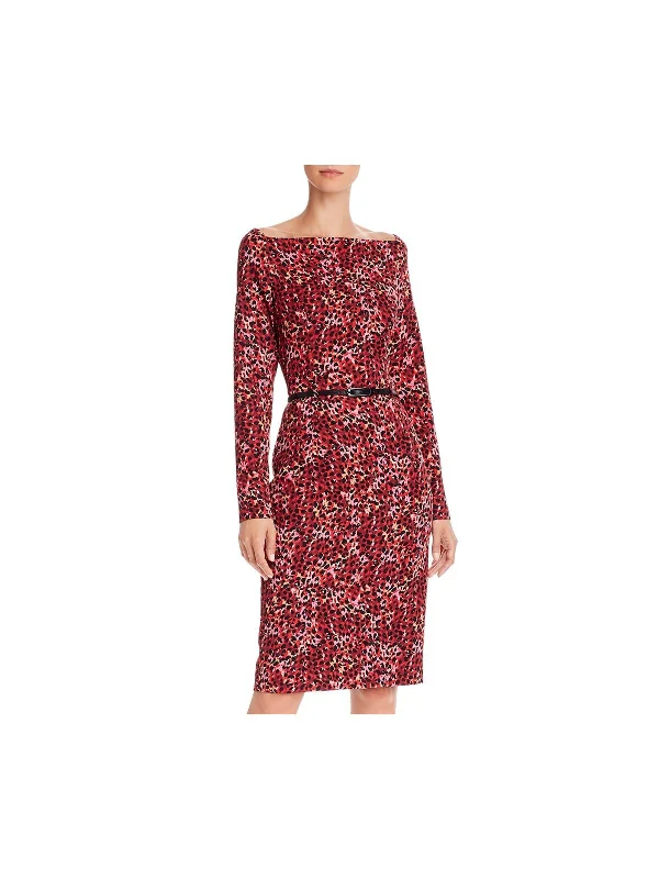 Mega Sale BLACK HALO Womens Red Belted Zippered Printed Long Sleeve Boat Neck Knee Length Wear To Work Sheath Dress Mega Sale BLACK HALO Womens Red Belted Zippered Printed Long Sleeve Boat Neck Knee Length Wear To Work Sheath Dress