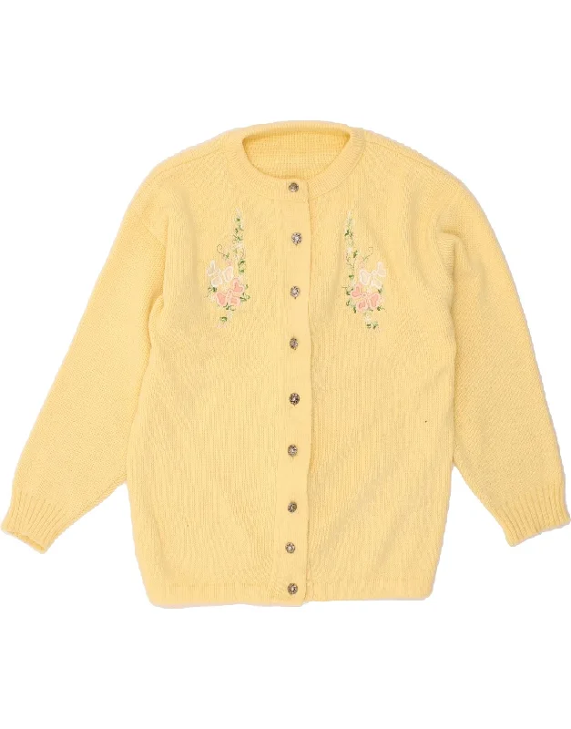 New Markdowns VINTAGE Womens Cardigan Sweater UK 14 Large Yellow Floral Acrylic