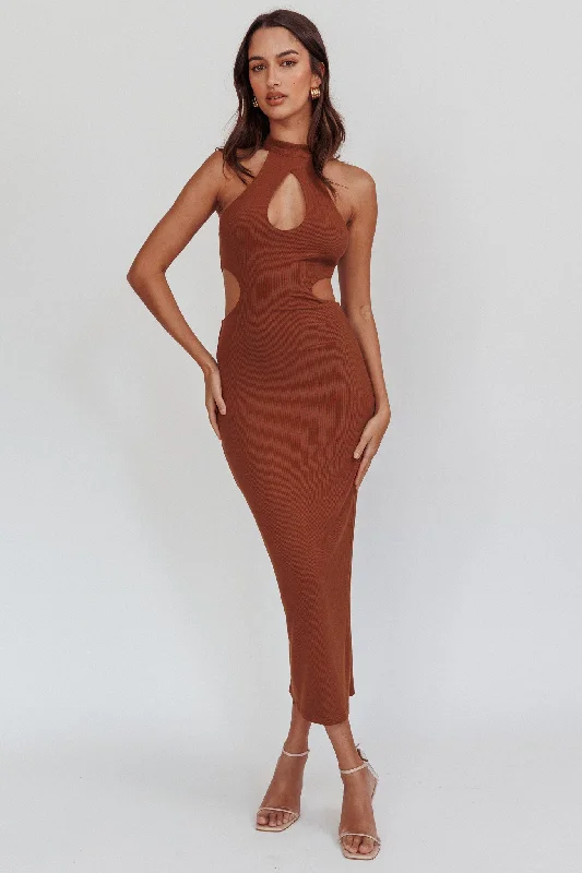 Special Offer Estella Keyhole Ribbed Midi Dress Brown