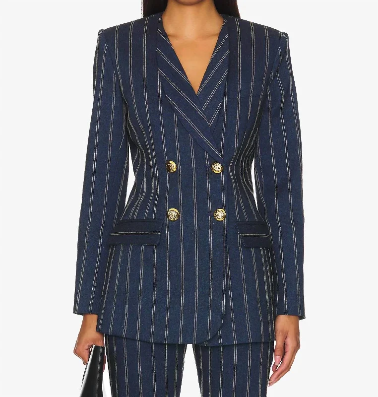Shop and Save Collarless Double Breasted Blazer In Indigo Stripe