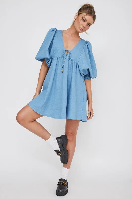 Reduced Prices New Haven Puff Sleeve Swing Dress Denim
