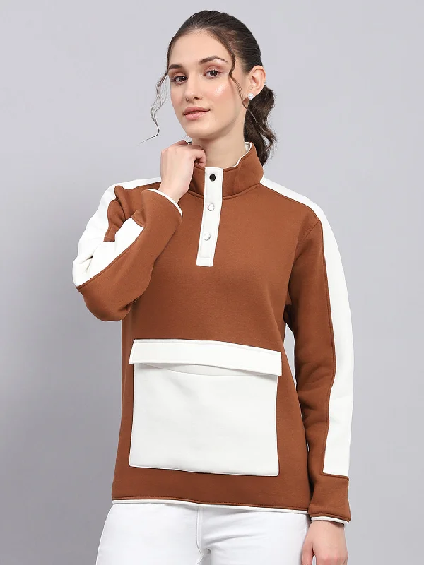 Buy Now Women Brown Solid Mock Neck Full Sleeve Sweatshirt