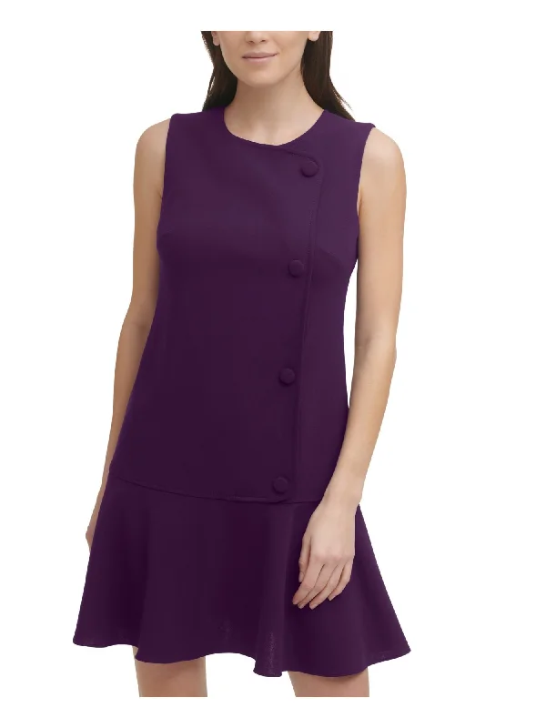 Limited Availability DKNY Womens Purple Stretch Zippered Fitted Faux Button Darted Sleeveless Round Neck Short Wear To Work Drop Waist Dress Limited Availability DKNY Womens Purple Stretch Zippered Fitted Faux Button Darted Sleeveless Round Neck Short Wear To Work Drop Waist Dress