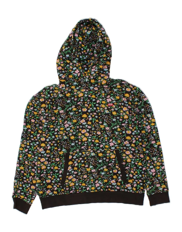 Year-End Sale LEVI'S Womens Hoodie Jumper UK 6 XS Black Floral Cotton