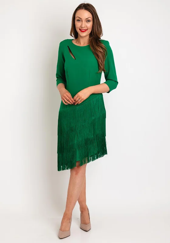 Closeout Olimara Tiered Fringe Tassel Skirt Knee Length Dress, Green