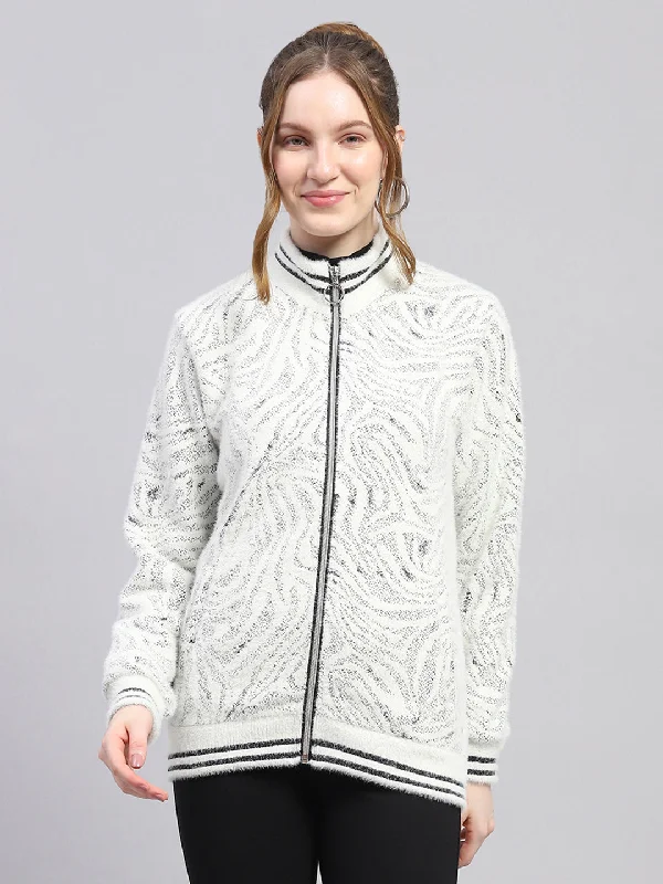 One-DAY Sale Women Black & White Self Design Mock Neck Full Sleeve Sweatshirt