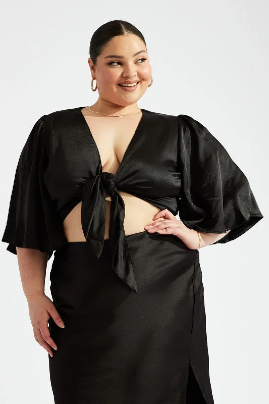 Special Offer Black Tie Front Bolero Satin Flare Sleeve