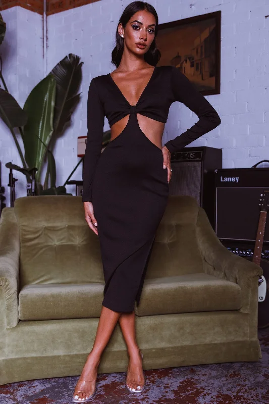 Loyalty Reward Acapulco Long Sleeve Cut-Out Waist Side Split Midi Dress Black