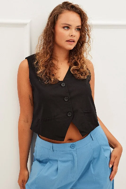 Online Exclusive Black Sleeveless Button Fitted Waistcoat