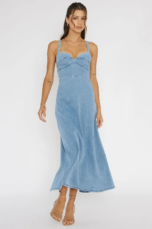 Markdown Madness Love To Love Sweetheart Neckline Midi Dress Denim Blue