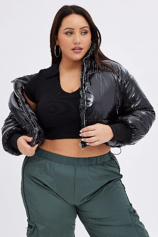 Daily Deals Black Puffer Jacket Shiny Wet Look Lined Cropped