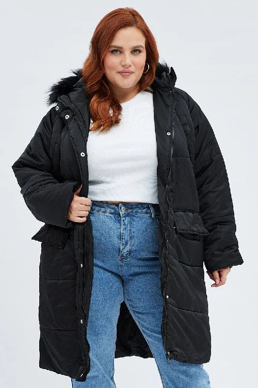 Sale Event Black Puffer Coat Fur Hood Long Sleeve