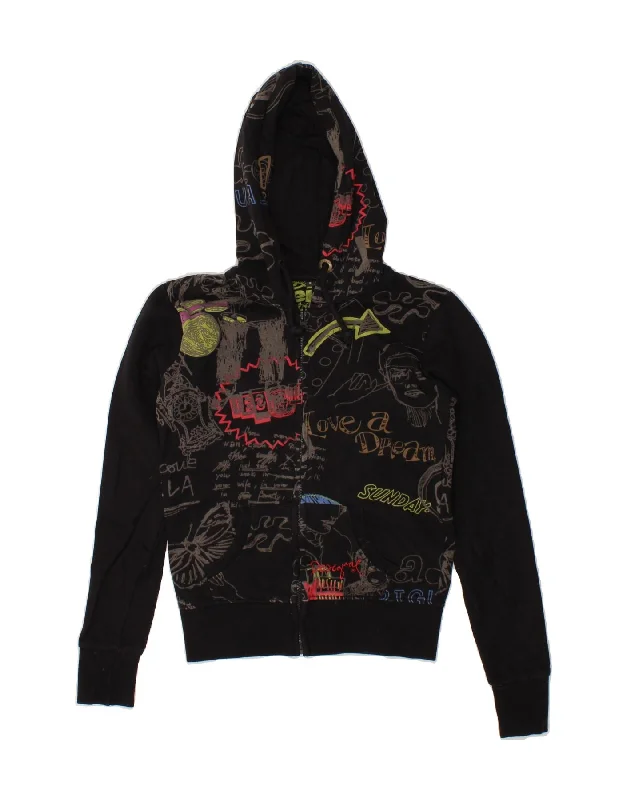 Super Deal DESIGUAL Womens Graphic Zip Hoodie Sweater UK 10 Small Black Cotton