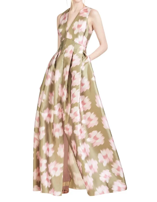 Price Reduction Brooke Gown In Ikat Green Floral