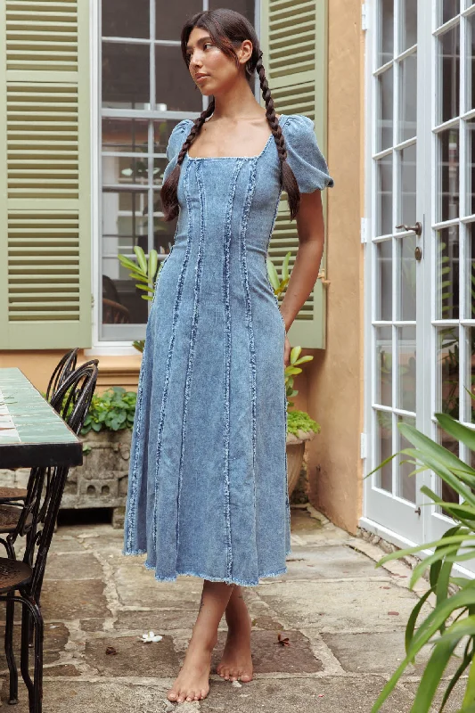 Savings Spectacular Northern Sky Fringe Puff Sleeve Midi Dress Denim Blue