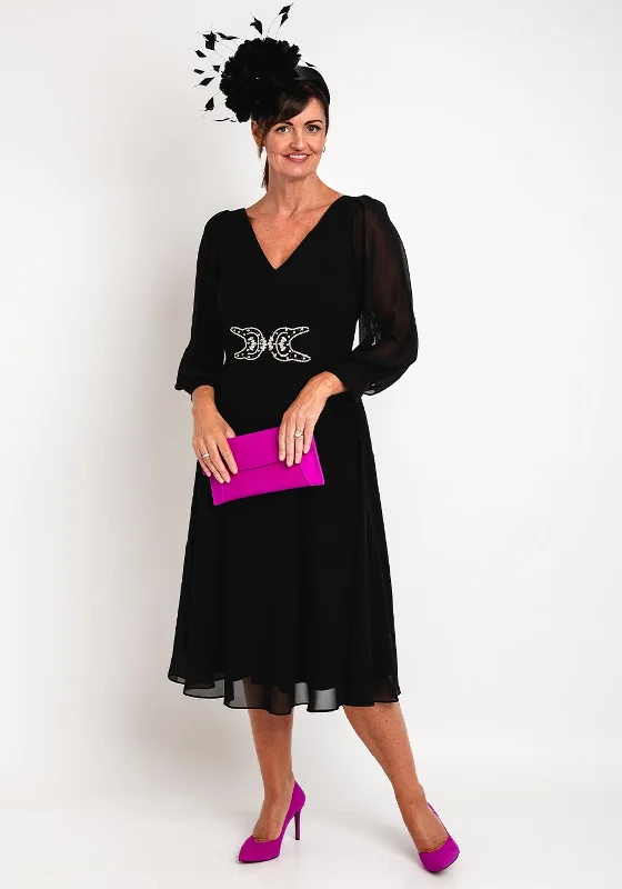 Super Sale Lizabella Sheer Sleeve Embellished Waist Midi Dress, Black