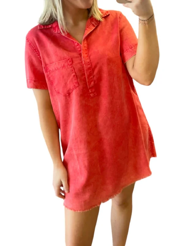 Year-End Clearance Washed Denim Shirt Dress In Washed Red