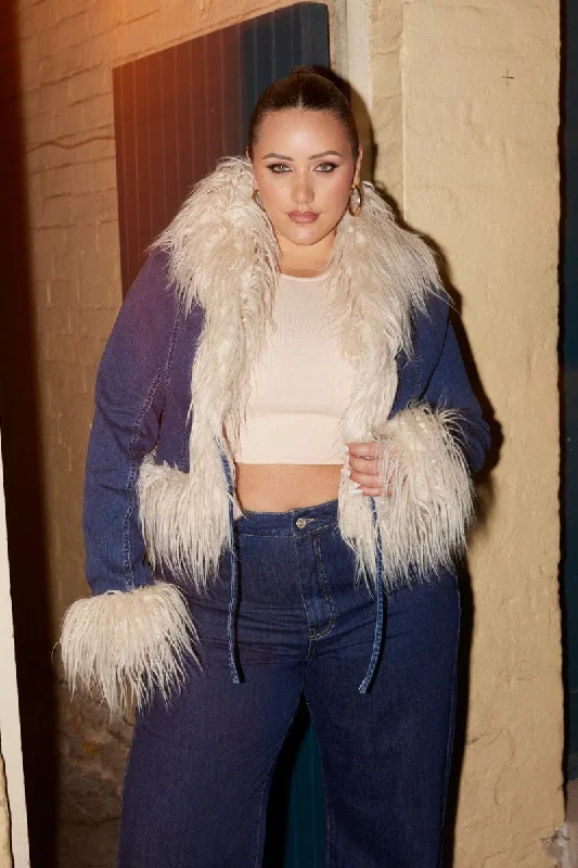 Must-Have Deals Denim Jacket Shaggy Fur Trim Stretch