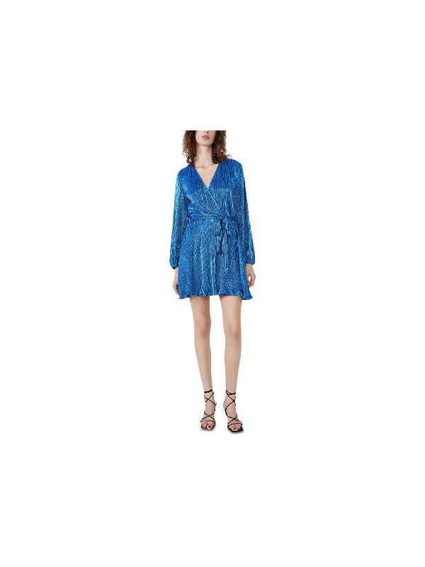 Discount Deals BARDOT Womens Blue Belted Textured Ribbed Shimmer Metallic Long Sleeve Surplice Neckline Short Faux Wrap Dress Discount Deals BARDOT Womens Blue Belted Textured Ribbed Shimmer Metallic Long Sleeve Surplice Neckline Short Faux Wrap Dress