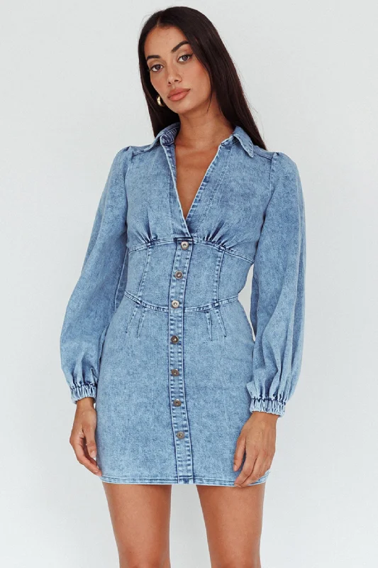 Exclusive Online Offer South Beach Long Sleeve Collared Mini Dress Denim