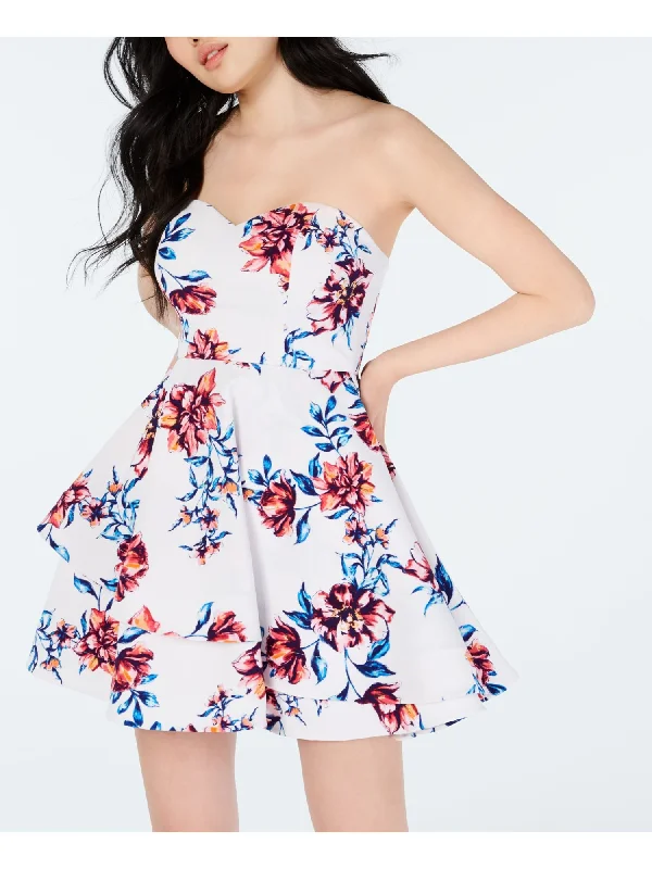 Can't Miss B DARLIN Womens White Ruffled Floral Sleeveless Sweetheart Neckline Mini Fit + Flare Dress Can't Miss B DARLIN Womens White Ruffled Floral Sleeveless Sweetheart Neckline Mini Fit + Flare Dress