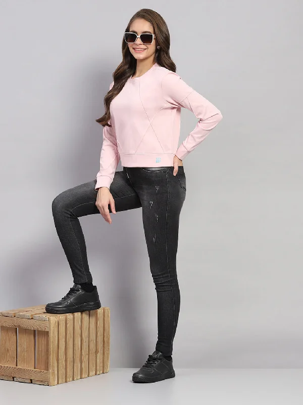 Hurry In Women Pink Solid Round Neck Full Sleeve Sweatshirt