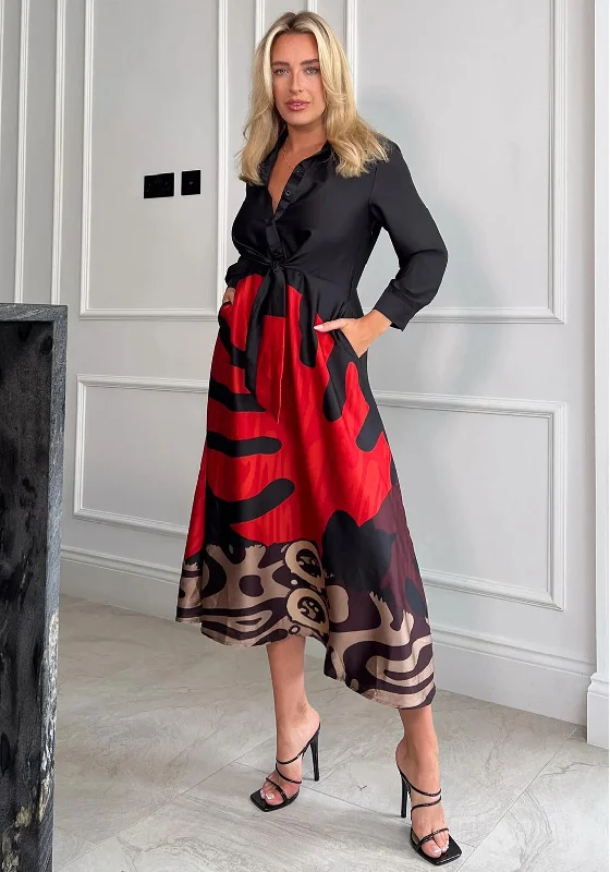 Final Clearance Girl In Mind Isabella Tie Front Shirt Midi Dress, Black Multi