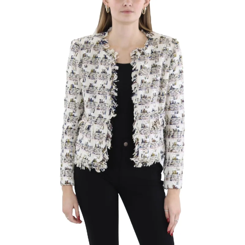 Don’t Miss Out Angelina Womens Tweed Collarless Open-Front Blazer