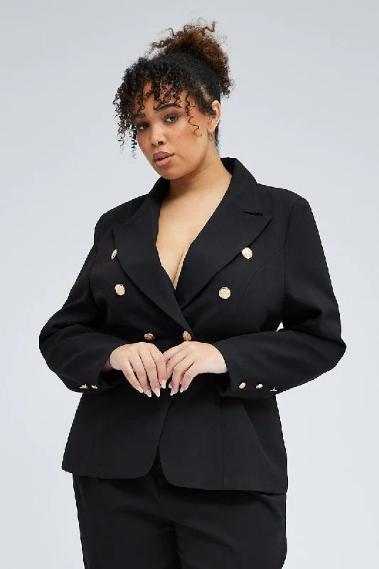 Seasonal Sale Black Fitted Blazer Gold Button Double Breasted Lined