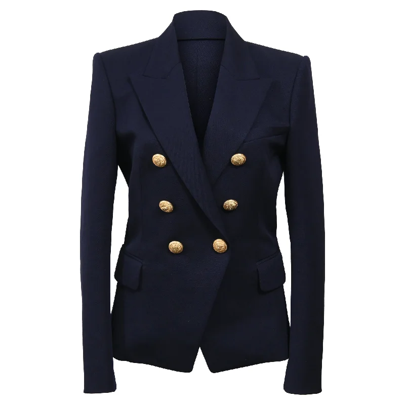 Deal Dash Balmain Embellished Buttons Double-Breasted Blazer in Navy Blue Wool