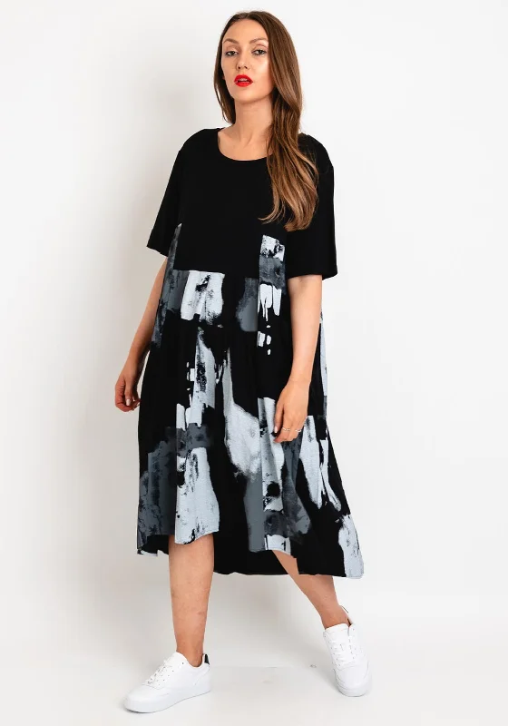 Bargain Blast Natalia Collection One Size Drawstring Back Faded Print Midi Dress, Black