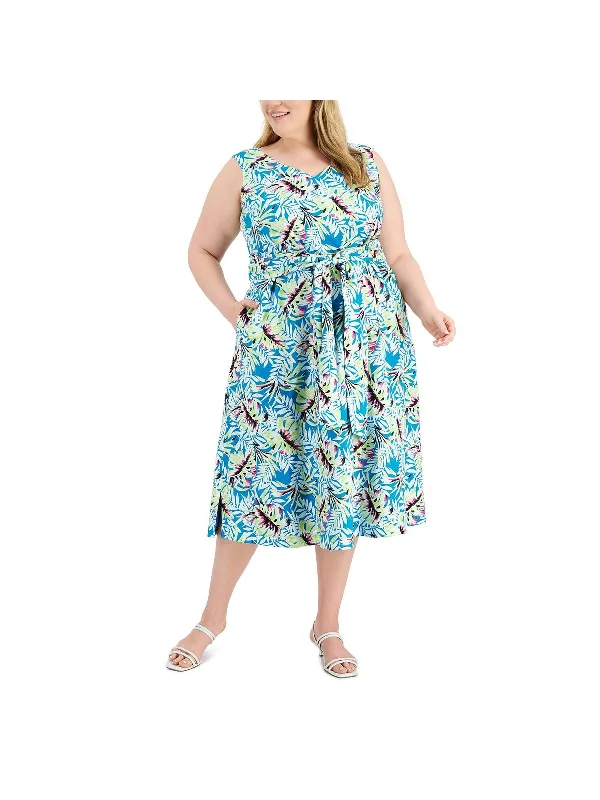 YEAR-End Clearance Plus Womens Linen Blend Floral Midi Dress